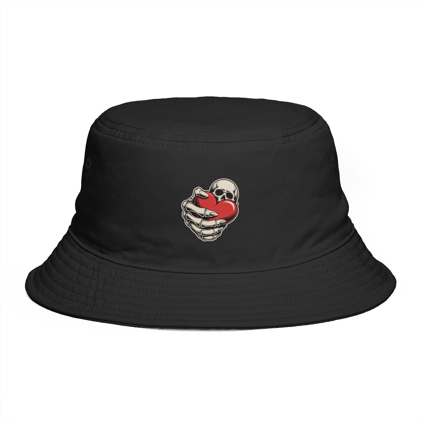 Skull Hug Heart Bucket Hat — Goth Retro Streetwear Accessory